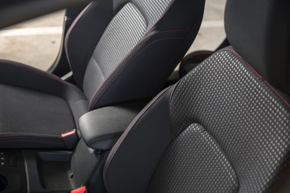 The ST-Line’s seats are upholstered in a mesh-fibre material with leather accents and red-stitching. (ST-Line variant pictured)