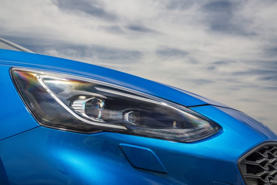 The headlights have an irregular shape, and they're helped to look more defined by the LED running lights that sit above each headlight like an eyebrow. (ST-Line variant pictured)