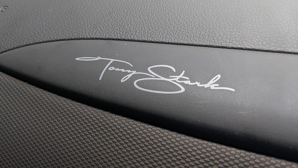 Tony Stark’s “signature” is penned on the dash.