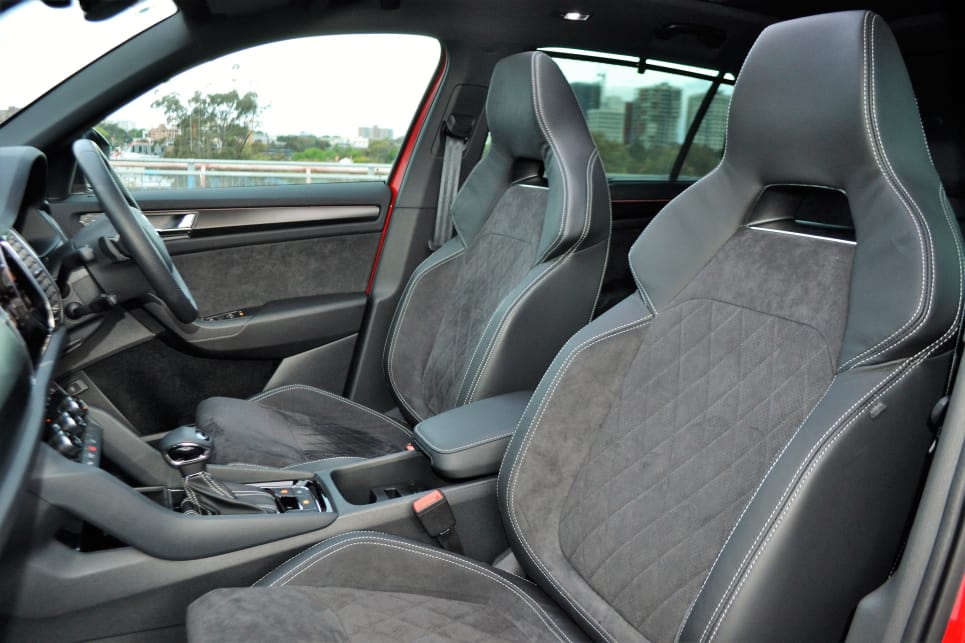 These leather/suede-feeling holey seats with silver stitching are just part of the different look and feel you’ll get with the Sportline.