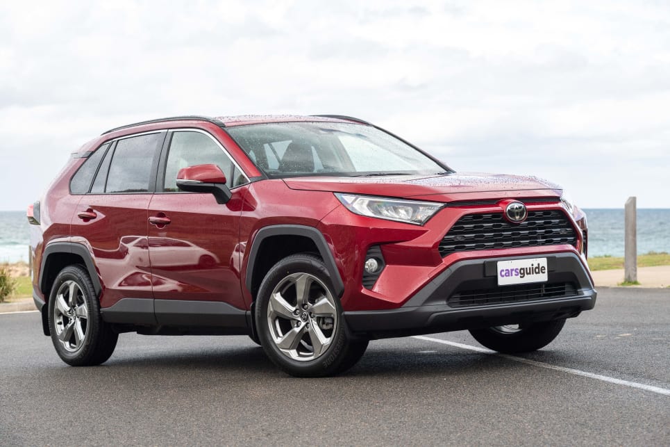 The RAV4 has angular styling and boxy edges to the body.