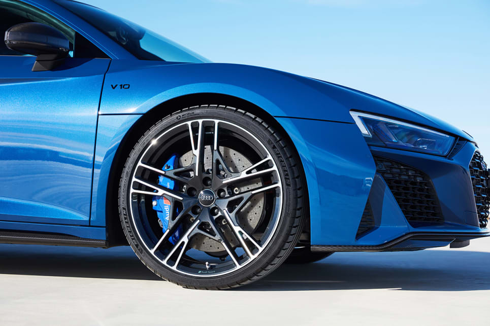 The R8 V10 Performance Coupe swaps these wheels for lighter, milled alloy rims, and ditches the steel brakes for ceramic (pricey to replace, though).