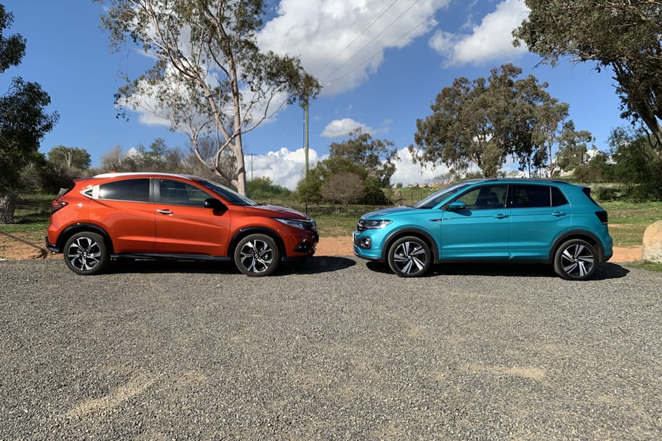 Both are very close in size, and the specs we have here – the Honda HR-V RS and the VW T-Cross 85TSI Style – they’re close on price, too. (image: Matt Campbell)