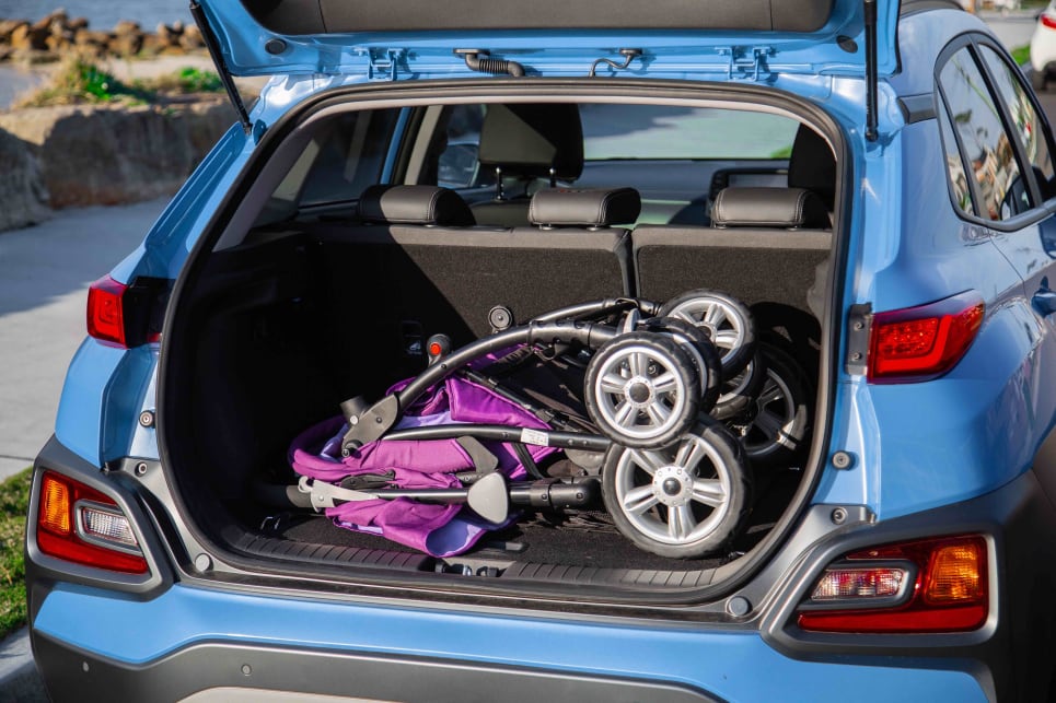 The Kona only just fit the bulky CarsGuide pram.