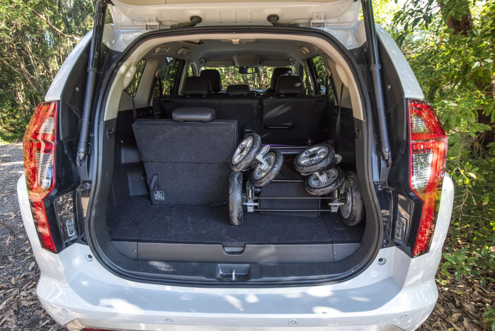 Carsguide pram in the Pajero with six seats up (pictured: Mitsubishi Pajero Sport Exceed).