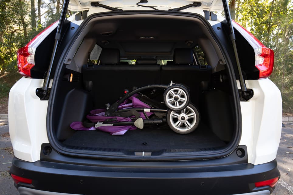 The boot fits the bulky CarsGuide pram and there’s room around it for groceries and school bags.