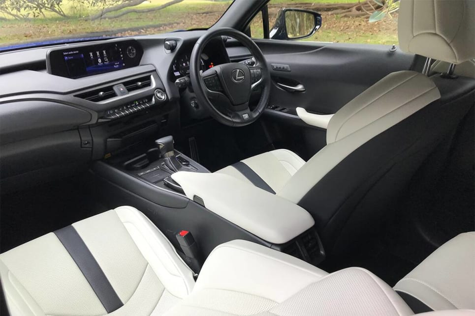 The F Sport comes with white leather-accented seat trim.