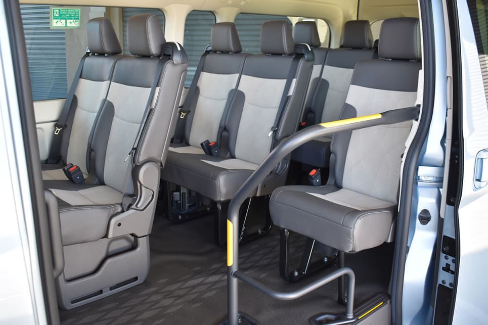 The third row of the HiAce Commuter has twin RHS seats and a single LHS seat, with reclining backrests on the twin but not on the single. 