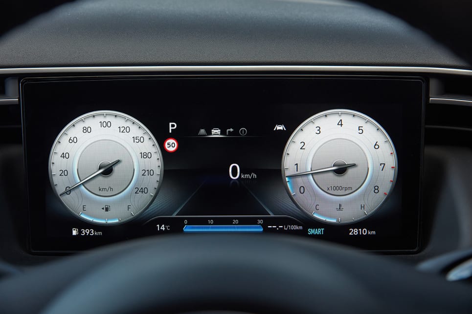 The dials change with the drive mode selected. (Highlander variant pictured)