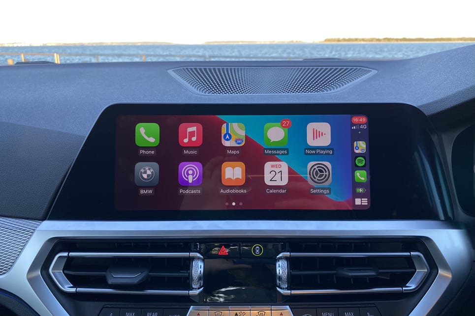 The 10.25-inch touchscreen features Apple CarPlay and Android Auto.