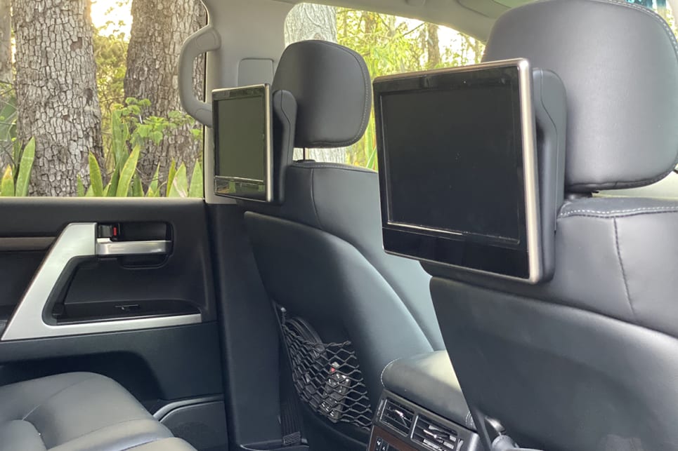 There are two 11.0-inch DVD screens mounted on the back of the front seats.