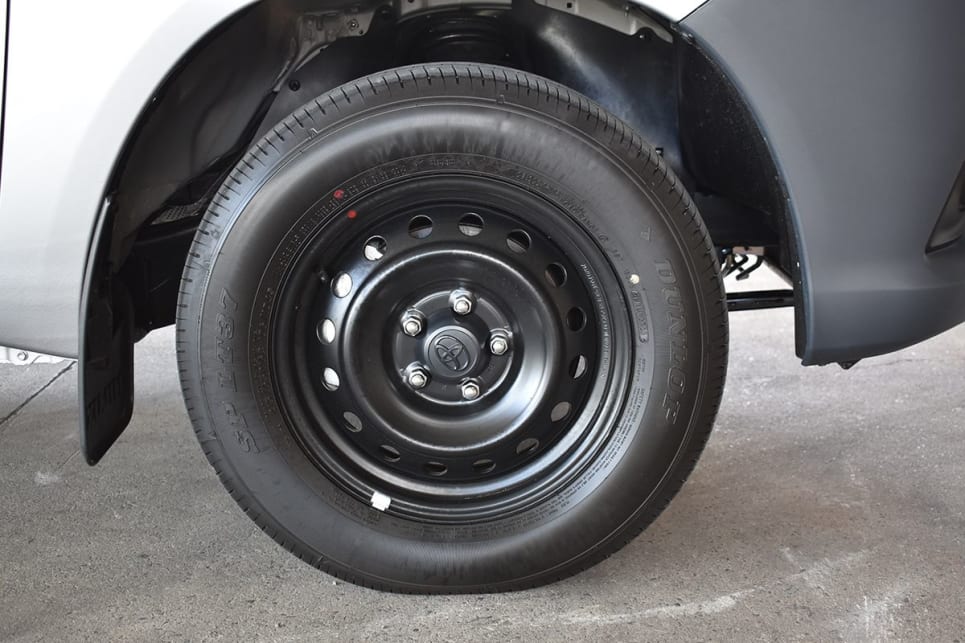 The Workmate has 16-inch black-painted steel wheels. 
