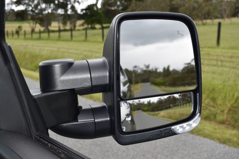 The larger upper flat mirror provides a normal view while the smaller lower mirror is slightly curved or ‘convex’ in shape. (Image: Mark Oastler)