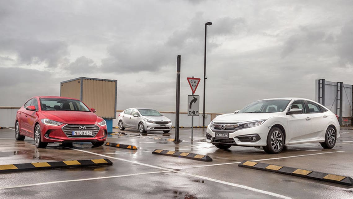 2016 Kia Cerato S Premium, Hyundai Elantra Elite and Honda Civic VTI-S. Picture credit: Thomas Wielecki.