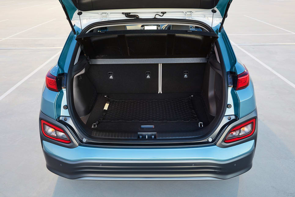 The Kona Electric’s 332 litre cargo capacity is 39 litres less than the boot space of a petrol Kona.