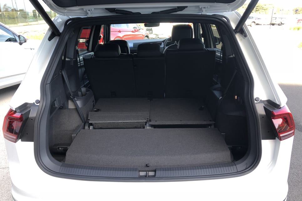 With those rear seats folded flat boot space in the Tiguan Allspace is excellent at 700 litres. (2019 162TSI Highline R-Line)