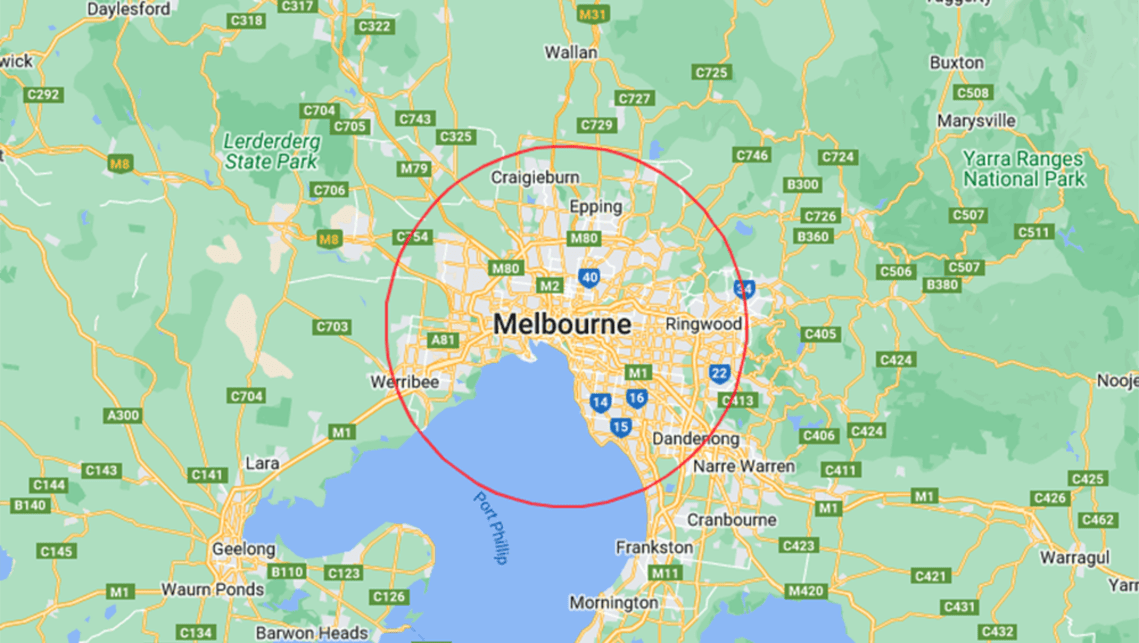 A 30KM radius from Fed Square in Melbourne sweeps from Doncaster in the East to Werribee in the West.
