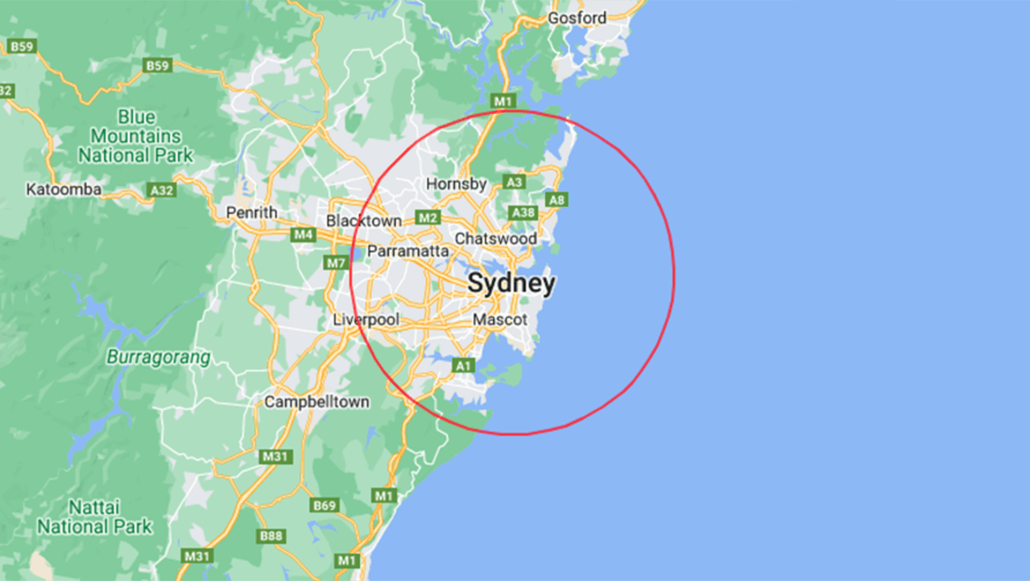 A 30KM radius from Sydney Harbour Bridge encompasses Palm Beach in the north to Blacktown in the west and all the way to Engadine in the South.