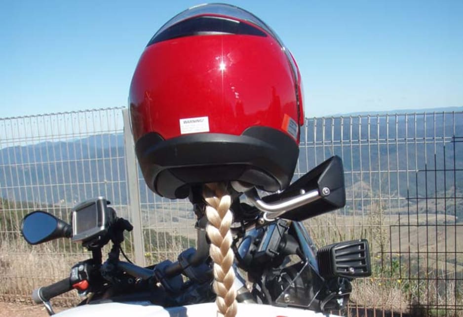 BMW bike safari: Sally Berry's helmet with blonde plait.