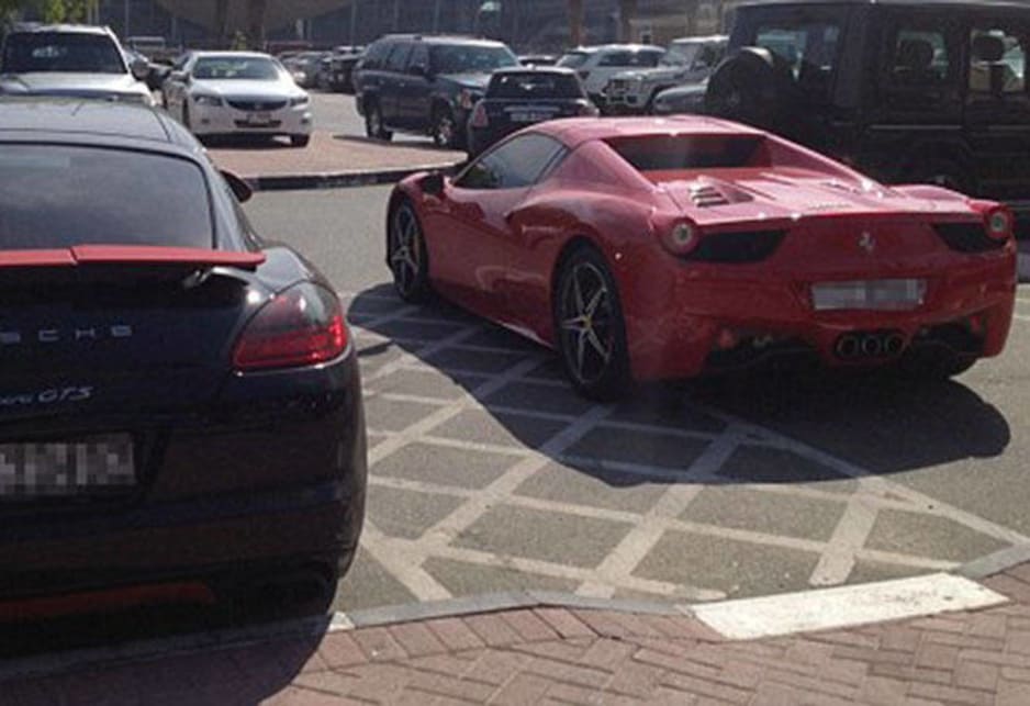  Porsche Panamera GTS and Ferrari 458 in the carpark of the American University of Dubai. Image credit: Meeka Nasser