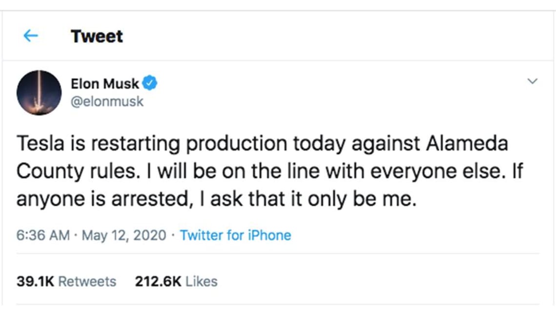 Elon Musk asks to be arrested as Tesla breaks the law to reopen plant