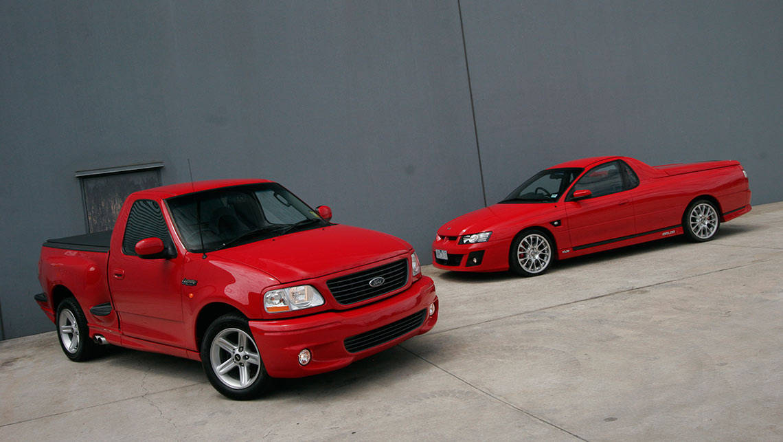 World's fastest utes: 2003 Ford SVT F-150 Lightning (left) with 2006 HSV Maloo (right). Photo: Joshua Dowling
