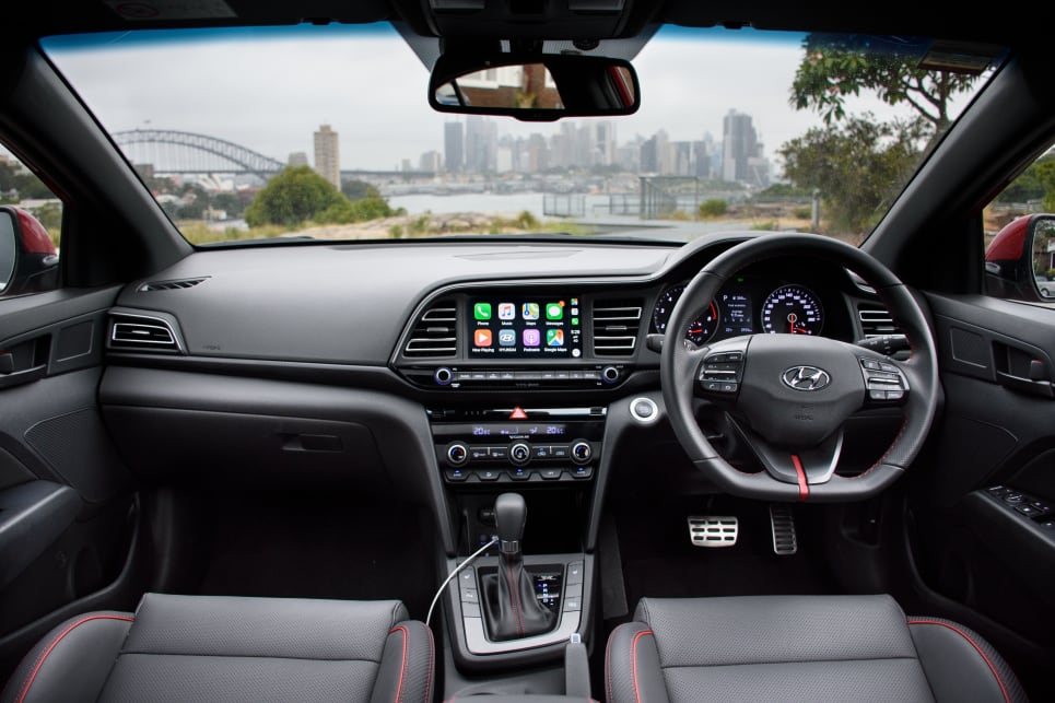 The Elantra's cabin is a bit monotone, but it is also sensibly laid out. (image credit: Tom White)