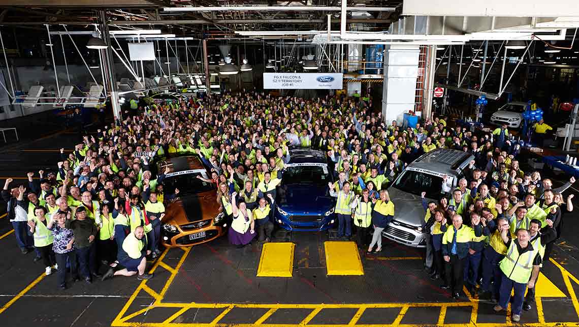 Ford workers at Broadmeadows send off the last ever Falcon GT (left) as the updated Falcon (centre) and Territory (right) go into production ahead of the October 2016 factory closure. 8 October 2014