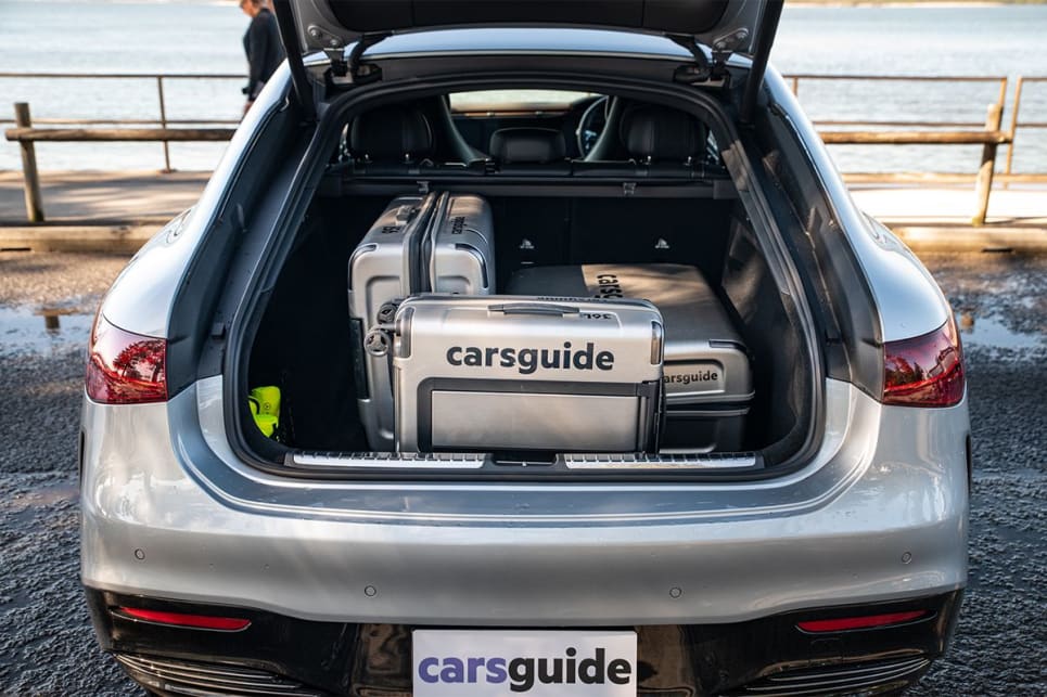 With a total space of 580 litres, the EQS comfortably consumed our entire CarsGuide luggage set with space to spare. (Image: Tom White)
