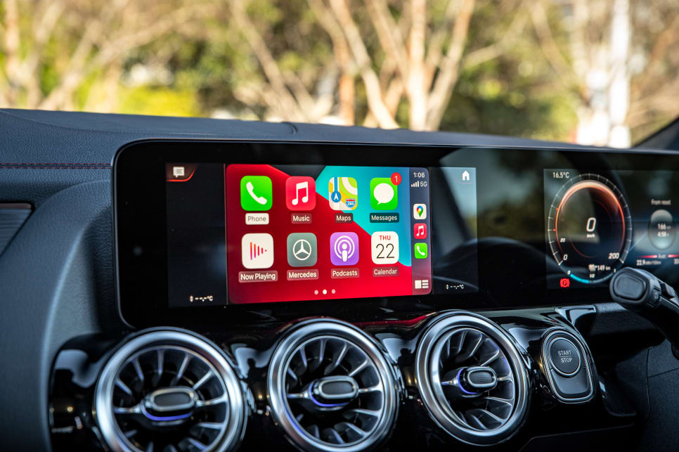 It gets the brand’s signature dual 10.25-inch ‘MBUX’ digital dash and multimedia array with Apple CarPlay and Android Auto (image: Tom White).