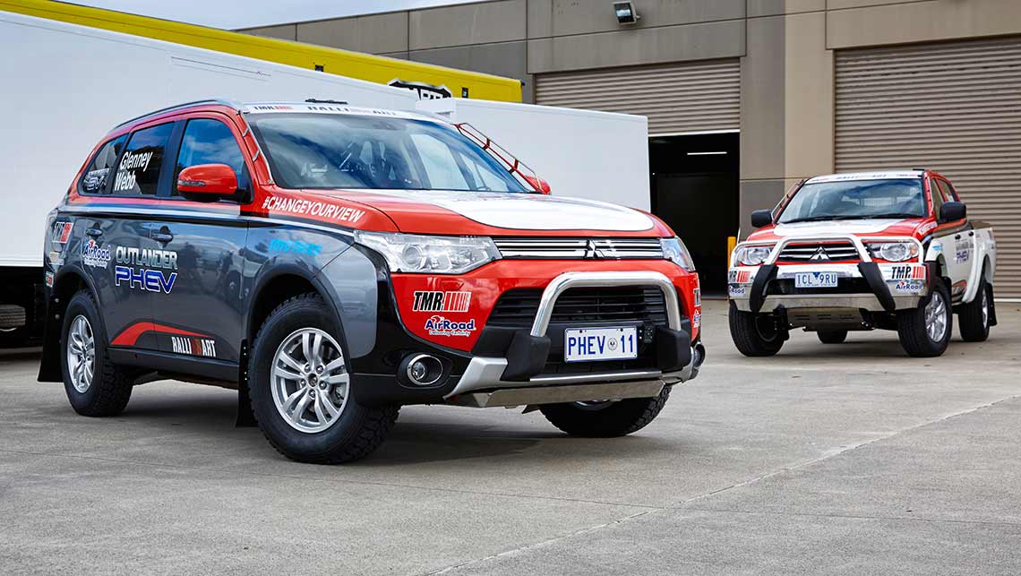 Mitsubishi's Outlander PHEV racer and the Triton support vehicle for the 2014 Australasian Safari rally.