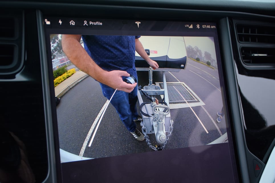 The Model X's reversing camera can be left on all the time, which is very handy for keeping an eye on the hitch. (image: Tom White)