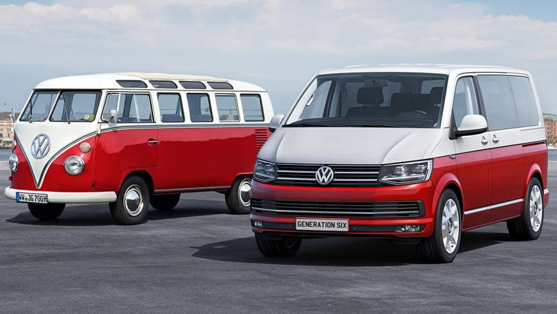 A classic VW Kombi from the 1960s (left) with a limited edition of the 2015 VW Caravelle.
