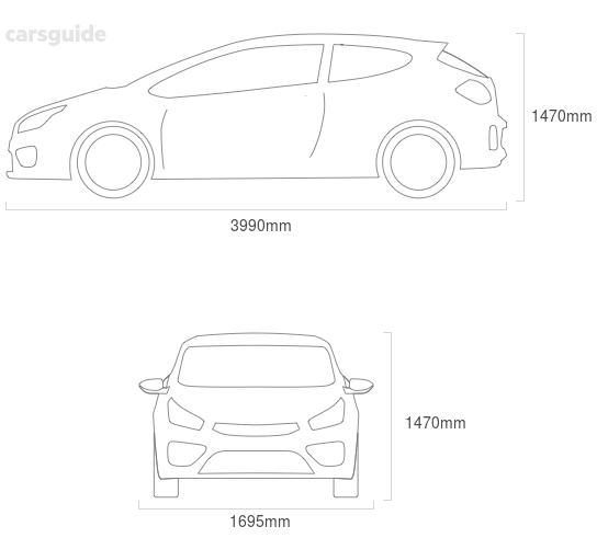 Dimensions for the Kia Rio 2010 Dimensions  include 1470mm height, 1695mm width, 3990mm length.