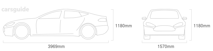 Dimensions for the Bertone X1/9 1988 Dimensions  include 1180mm height, 1570mm width, 3969mm length.