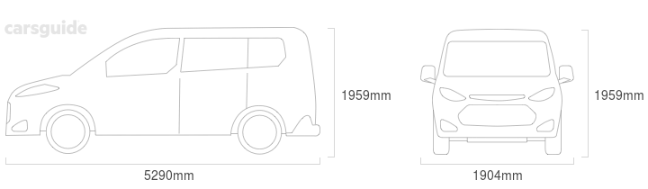 Dimensions for the Volkswagen Kombi 2009 Dimensions  include 1959mm height, 1904mm width, 5290mm length.