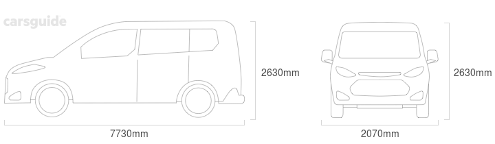 Dimensions for the Mitsubishi Rosa 2001 Dimensions  include 2630mm height, 2070mm width, 7730mm length.