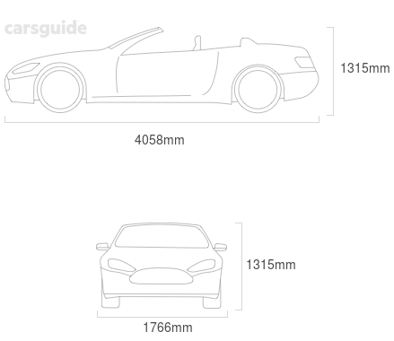 Dimensions for the Chrysler Crossfire 2005 Dimensions  include 1315mm height, 1766mm width, 4058mm length.