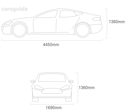 Dimensions for the Mazda MX-6 1989 Dimensions  include 1360mm height, 1690mm width, 4450mm length.