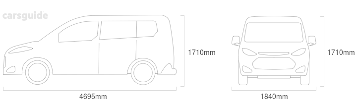 Dimensions for the Hyundai Trajet 2007 Dimensions  include 1710mm height, 1840mm width, 4695mm length.