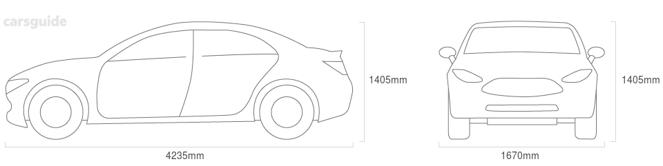 Mitsubishi Lancer 1988 Dimensions Dimensions for the Mitsubishi Lancer 1988 Dimensions include 1405mm height, 1670mm width, 4235mm length.