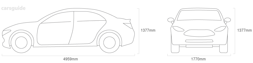 Dimensions for the Jaguar Sovereign 1987 Dimensions  include 1377mm height, 1770mm width, 4959mm length.